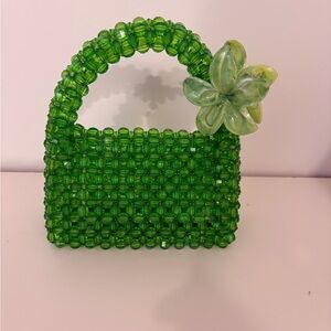 Green Beaded Handbag with Floral Accent